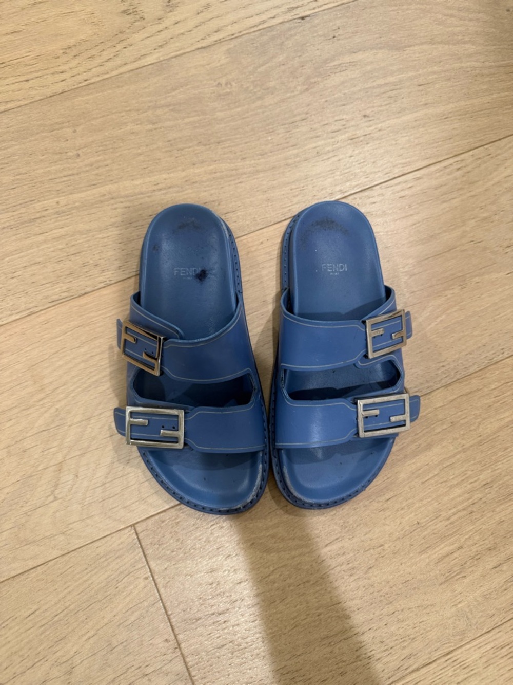 Fendi Light Blue Leather Double-Buckle Slide Sandals